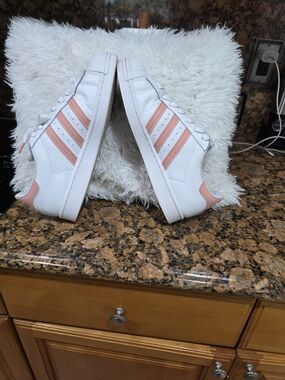 adidas Women's White Sneakers with Pink Stripes